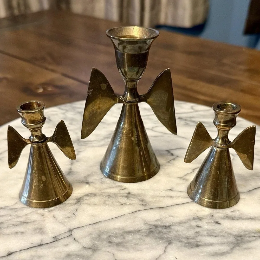 3 VTG Brass Angel Candlesticks Holder Candle Snuffer 4